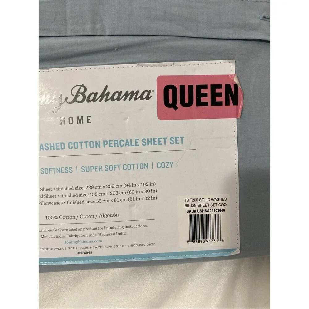 Tommy Bahama Queen Sheet Set 4 Pieces Home Washed Cotton Percale Blue Sky New